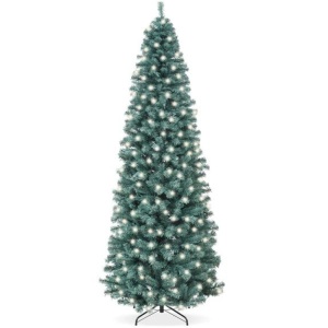 Pre-Lit Blue Spruce Pencil Christmas Tree w/ Metal Base, Incandescent Lights 7.5ft