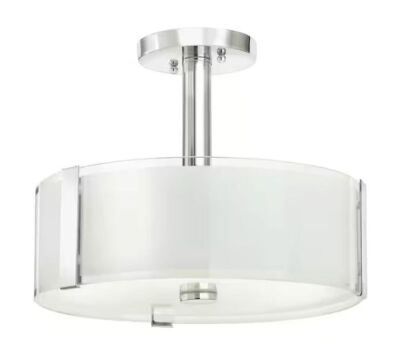 Hampton Bay Bourland 14 in. 3-Light Polished Chrome Semi-Flush Mount Ceiling Light Fixture with White and Clear Glass Double Shade