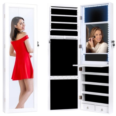 Door/Wall Mount Mirror Jewelry Cabinet Armoire w/ Inside Mirror, LED Lights 