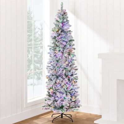 9' Pre-Lit Snow Flocked Artificial Pencil Christmas Tree w/ Multicolor Lights