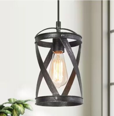 LNC Industrial Brushed Black 1-Light Island Pendant Light with Open Drum Cage