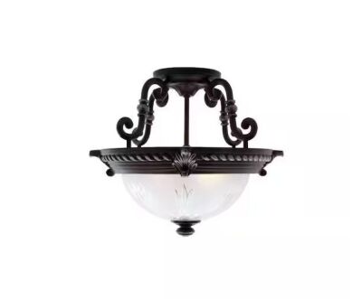 Hampton Bay Bercello Estates 15 in. 2-Light Volterra Bronze Semi-Flush Mount with Etched Glass Shade