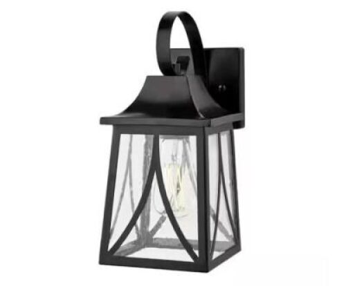 Hampton Bay Drackert 13 in. 1-Light Flat Black Hardwired Outdoor Wall Light Lantern Sconce with Seedy Glass