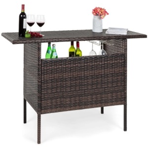 Outdoor Wicker Bar Counter Table w/ 2 Steel Shelves, 2 Rails