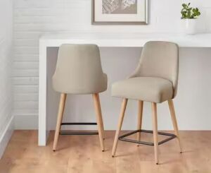 StyleWell 25 in. Benfield Biscuit/Walnut Beige Wood Upholstered Counter Stools with Back, Set of 2