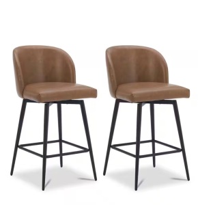 Saddle Brown High Back Metal Swivel Counter Stool with Faux Leather Seat, Set of 2 