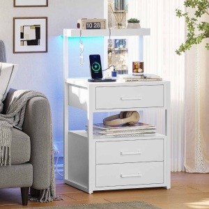 LED Nightstand With Charging Station 3 Drawers White 