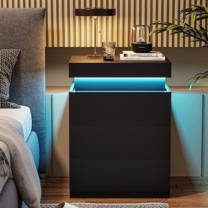 Nightstand with Sliding Top Charging Station and LED Lights Black 