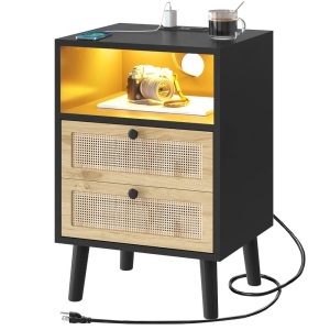 Rattan Nightstand with Charging Station, USB Ports, LED 