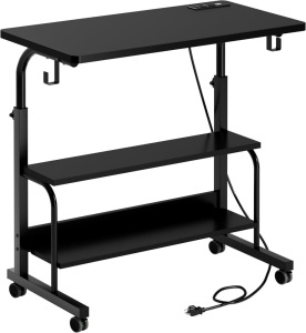 soges Height Adjustable Mobile Computer Workstation with 2 Storage Shelves, Charging Station 