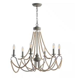 JONATHAN Y Rustica 6-Light 27 in. Grey/Natural Adjustable Greige Metal/Wood Bead LED Chandelier