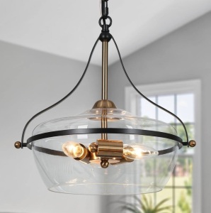 Zevni 14 in. Modern 3-Light Brass Gold Chandelier Light, Black Bowl Hanging Pendant with Clear Glass