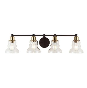 JONATHAN Y Manhattan Vintage 35.5 in. 4-Light Brass Gold/Oil Rubbed Bronze Metal/Glass Industrial Rustic LED Vanity Light