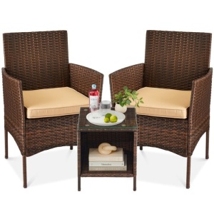 3-Piece Outdoor Patio Wicker Bistro Set w/ Side Storage Table