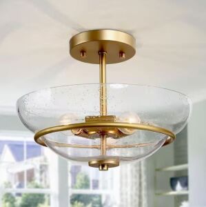 Uolfin Mid-Century Modern Bowl Ceiling Light 3-Light Coastal Brass Gold Semi-Flush Mount Light with Seeded Glass Shade