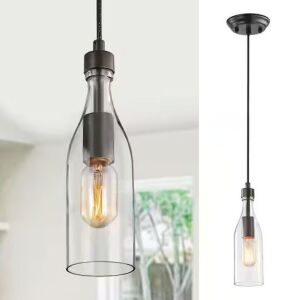 LNC Vino Mini Pendant Light 1-Light Modern Glass Pendant Light with Dark Bronze Metal Finish and Glass Bottle Design