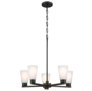 KICHLER Stamos 24 in. 5-Light Black Modern Shaded Circle Dining Room Chandelier with Satin Etched Glass Shades