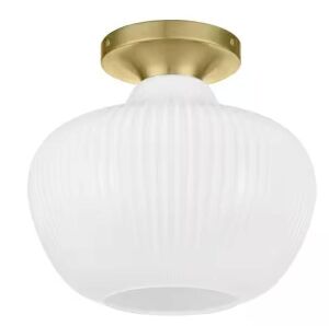 Home Decorators Collection Pompton 12 in. 1-Light Gold Semi-Flush Mount Ceiling Light Fixture with White Ribbed Glass