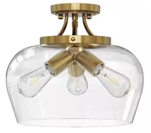 Merra 11 in. 3-Light Antique Brass Semi-Flush Mount Ceiling Light with Glass Shade