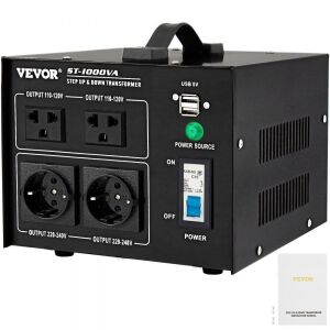 VEVOR 1000W Heavy Duty Step Up/Down Transformer Converter (240V to 110V, 110V to 240V), 2 US &1 UK &1 Universal Outlet with Circuit Break Protection, 5V USB Port, CE Certified