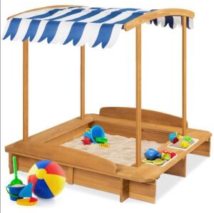 Kids Wooden Cabana Sandbox w/ Benches, Canopy Shade, Sand Cover, 2 Buckets