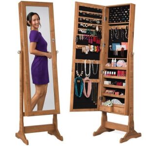 Full Length Freestanding Jewelry Mirror Armoire w/ Velvet Interior - Light Damage to Corner