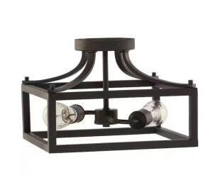 Hampton Bay Boswell Quarter 12-1/2 in. 2-Light Distressed Black Farmhouse Open Cage Semi-Flush Mount Ceiling Light