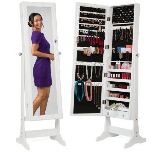 Full Length Freestanding Jewelry Mirror Armoire w/ Velvet Interior