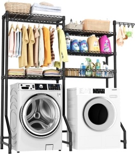 Over Washer and Dryer Shelves,Heavy Duty Laundry Room Storage Organization Clothes Drying Rack,5 Tier Adjustable Height Wire Shelving and Wire Basket with Hanger Rod&Hook,Space Saving Shelf