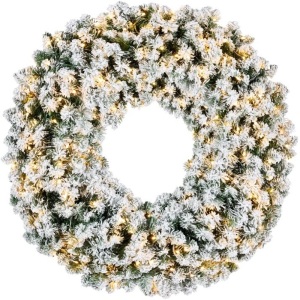 Pre-Lit Flocked Artificial Fir Christmas Wreath w/ 2-in-1 LED Lights 36in