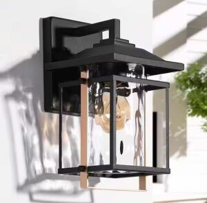 Uolfin Black and Brass Outdoor Hardwired Wall Lantern Sconce with Water-Rippled Glass Shade