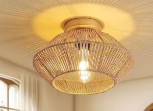 SILJOY 12.6 in Boho Rattan 1-Light Ceiling Flush Mount Light Rattan Cage Shade Ceiling Light