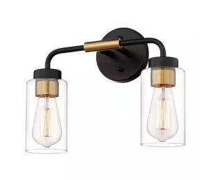 JAZAVA 14 in. 2 Light Black and Gold Vanity Light with Clear Glass Shade