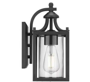 Hampton Bay Boswell Quarter 12.12 in. 1-Light Matte Black Hardwired Outdoor Transitional Wall Lantern Sconce with Clear Glass Shade