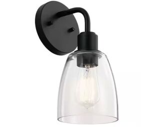 KICHLER Meller 11 in. 1-Light Black Bathroom Indoor Wall Sconce Light with Clear Glass