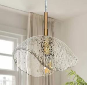 Uolfin Modern 1-Light Plated Gold Hanging Pendant Light with Textured Glass Shade