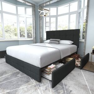 Allewie Upholstered Queen Size Platform Bed Frame with 4 Storage Drawers and Headboard