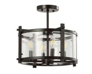 JONATHAN Y Hampdon 15 in. Oil Rubbed Bronze Iron/Glass Modern Drum LED Flush Mount