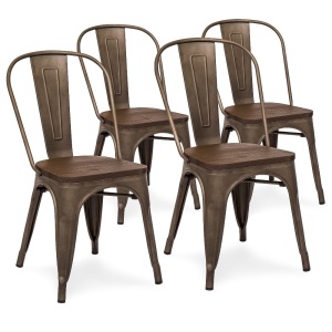 Industrial Distressed Metal Bistro Dining Side Chairs w/ Wooden Seat, Set of 4  