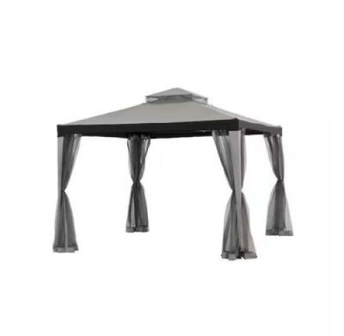 Sunjoy&nbsp;10 ft. x 10 ft. Outdoor Modern Grey 2-Tier Steel Frame Soft Top Gazebo with Mesh Netting
