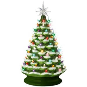 Large Pre-Lit Ceramic Christmas Tree Decoration w/ LED Light, Timer - 18in