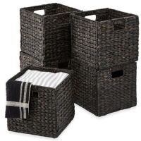 Set of 5 Collapsible Hyacinth Storage Baskets w/ Inserts - 13x13in