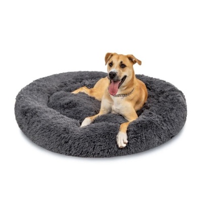 Self-Warming Shag Fur Calming Pet Bed w/ Water-Resistant Lining - Gray 45in