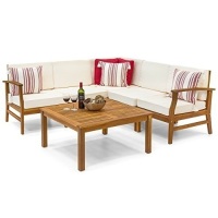 6-Piece Acacia Wood L-Shape Sectional Sofa Set with Water Resistant Cushions