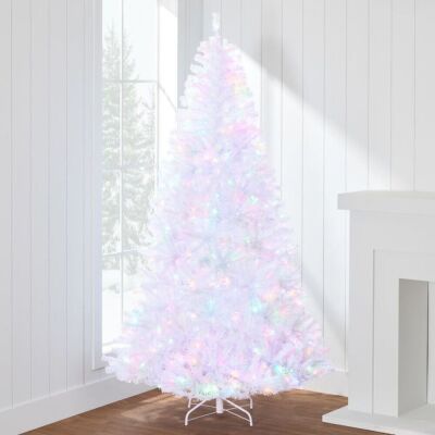 7.5' Pre-Lit Hinged Artificial White Pine Christmas Tree w/ Multicolor Lights