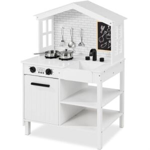 Pretend Play Wooden Farmhouse Kitchen Set w/ Storage, 5 Accessories