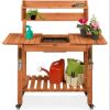Wood Garden Potting Bench w/ Sliding Tabletop, Food Grade Dry Sink, Wheels
