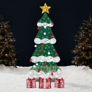 6ft Lighted 2D Christmas Tree Outdoor Decor w/ 170 LED Lights, 3 Gift Boxes