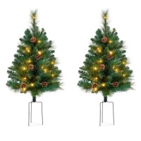 Set of 2 Pre-Lit Pathway Christmas Trees w/ Pine Cones, Timer - 24.5in