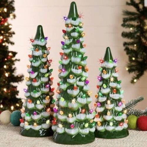 Set of 3 Pre-Lit Ceramic Tabletop Christmas Tree